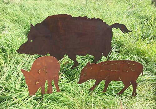 3er Set Wildschwein-Familie Wildschwein 110x50cm Frischlinge 30cm zum Stecken Gartenstecker Edelrost Gartendeko Wetterfest Rost Gartenfigur Metall Rostfigur Wald Jagd Tier Herbst