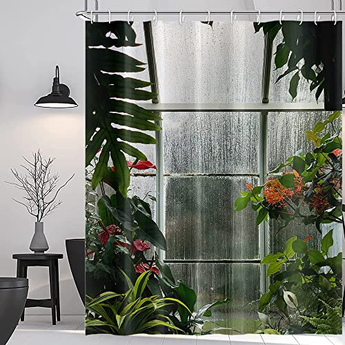 Umpoo Cortinas de ducha para habitación de flores de invernadero, flores de cristal de primavera, plantas verdes, interior de jardín, escénicas, lavables a máquina, juego de cortinas de baño con