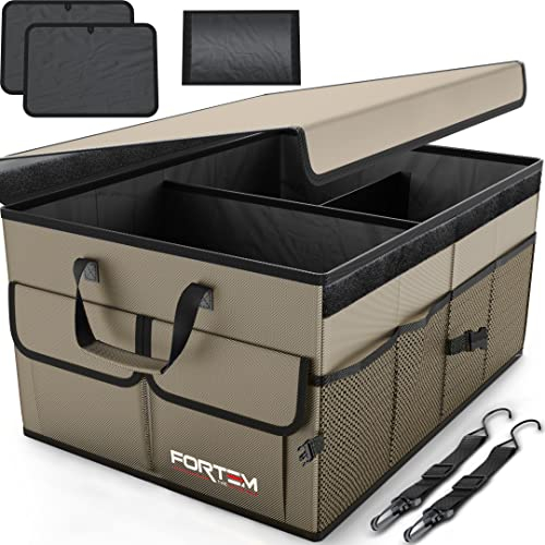 FORTEM Organizador de Maletero Coche y SUV - Organizador de Coche para Almacenamiento - Caja Plegable con 2 Compartimentos Estándar - Base Antideslizante - Cinchas Ajustables (Bronceado)