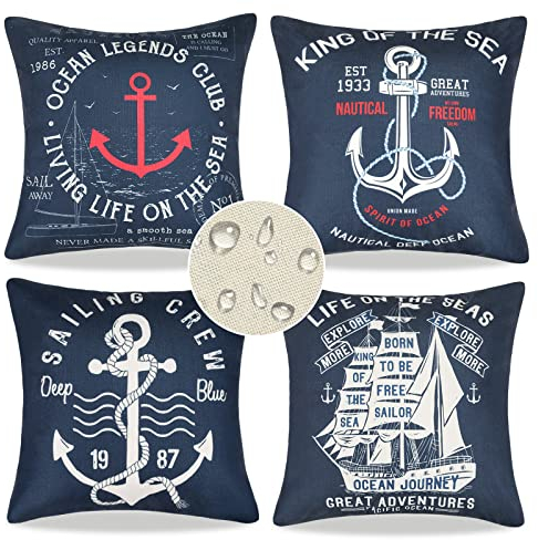 4er Set Kissenbezug 45x45 Outdoor Leinen Kissenhülle Anker Segelboot Muster Wasserdichte Kissenbezüge Marineblau Frihling Sommer Zierkissenbezüge Dekoration für Sofa Wohnzimmer Zuhause (Navy Blau)