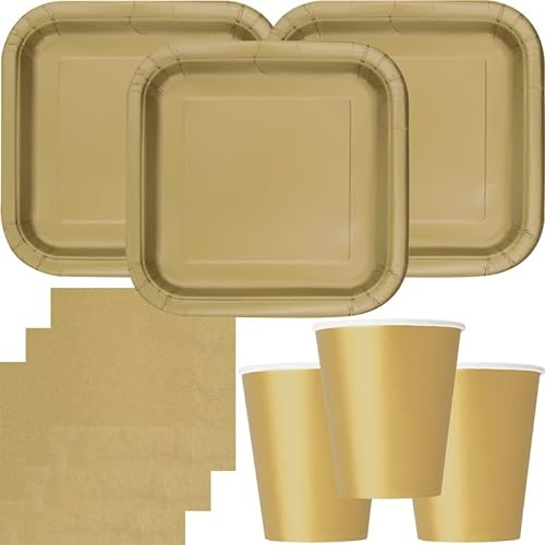 Juego de decoración para fiestas, color dorado, vajilla desechable para 14 personas, platos, vasos, servilletas