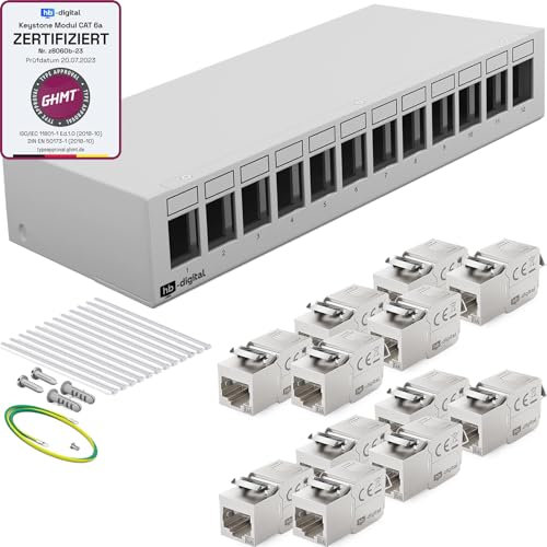 HB-DIGITAL Panneau de brassage 12 ports 1 HE 12 x CAT 6a RJ45 Module Keystone Jack - Certifié GHMT - Entièrement blindé STP 10 Gbps - Compatible avec les câbles de pose - Câble réseau LAN - Gris clair