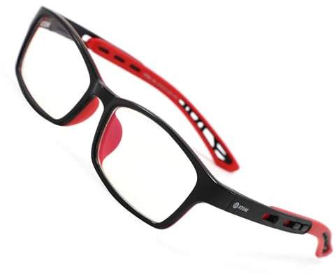 ATOM Blue Light Blocking Glasses for Kids (Age 5-12) - 100% UV Protection & Anti Glare Blue Rays Blocking Eyeglasses for Computer & Gaming | Adjustable Frame Eyewear for Boys & Girls- Red and Black