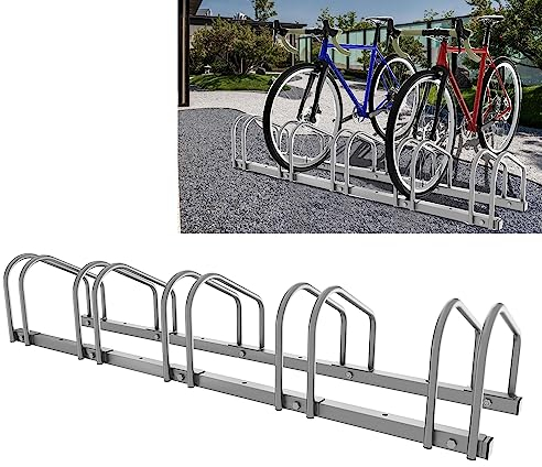 Sonnewelt Fahrradständer für 5 Fahrräder 35-55 mm Reifenbreite,Fahrradständer Bodenparker,Radständer Einfache Montage Fahrradständer Stahl Verzinkt,Fahrradständer Mountainbike 130x32x26cm (Silber)