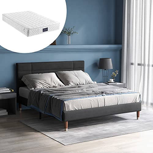 HAINEW Polsterbett 140×200cm Mit Federkern Matratze Und Holz Lattenrost, Modernes Design Doppelbett gepolsteres Bettgestell mit Kopfteil Für Erwachsene Oder Jugendliche, Leinen, Grau