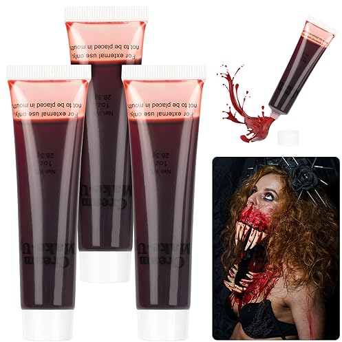 Aomig Sangre Falsa Halloween, 3 x 60ml Fake Blood Lavable y Realista, Sangre Artificial para Maquillaje Halloween Profesional, Pintura Sangre Halloween para Zombie Vampiro Herida Cicatriz Maquillaje
