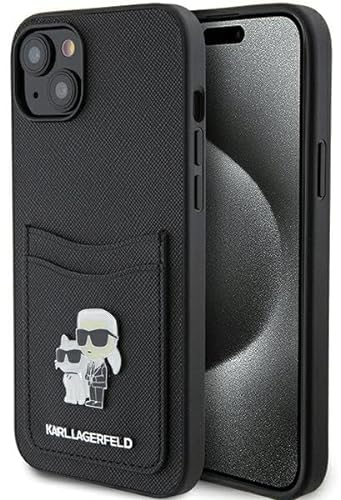 Karl Lagerfeld KLHCP15SSAPKCNPK Hülle für iPhone 15 6.1 Schwarz hardcase Saffiano Cardslot Karl&Choupette Metal Pin