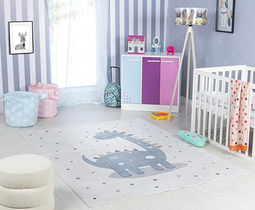Livabliss Dinosaurier Kinderteppich waschbar - Cartoon Teppich 120x170 cm, Waschbarer Teppich Kinderzimmer oder Babyzimmer, Krabbelteppich oder Spielteppich - Baby Teppich für Jungen & Mädchen, Creme