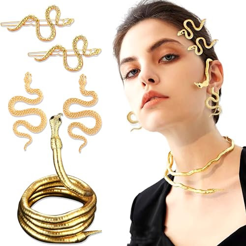 JeVenis 5 PCS Gold Snake Choker Medusa Necklace Snake Earrings Medusa Costume