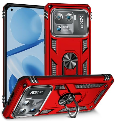 BestST Handyhülle für Xiaomi Mi 11 Ultra + HD Displayschutz, Cover für Xiaomi Mi 11 Ultra hülle, 360 Grad Drehbar Ringhalter Handytasche Case Handy Hüllen,Rot