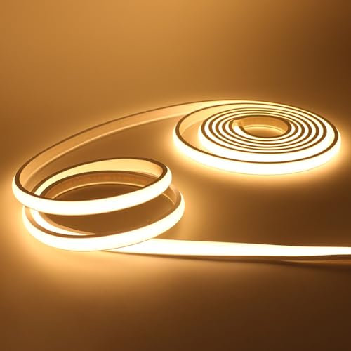 KISUFU Bandeau LED COB 220V, IP65 étanche Flexible néon LED Strip 288 Leds/m Bandes à LED Ruban pour DIY Chambre, Cuisine, Exterieur Maison Décoration. Blanc chaud,1M