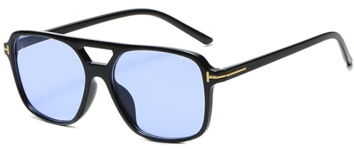 JCTAIFOO Mode Rechteckige Sonnenbrille Herren Damen, Vintage 70er Quadratisch Brille, Retro Oval Sonnenbrille Schwarz/Blau