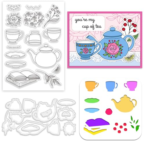 INFUNLY 3pcs Tea Cup Stamp and Dies Flower Cutting Dies Teapot Clear Stamp for Card Making Teacup Saucer Cutting Stencil Heart Book Metal Die Cut Stencils for DIY Scrapbooking Journaling Craft