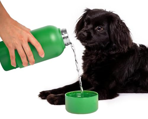 Ubbi Stainless Steel Insulated Portable 32 oz. Water Bottle for Dogs and Owners with Attached Dog Bowl, Green