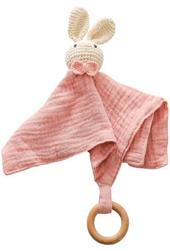 WOODEN TEETHER Schnuffeltuch Baby, Musselin Schmusetuch als Baby Geschenk zur Geburt von Junge & Mädchen Schnuffeltuch, Kuscheltier für Babys (Kaninchen)