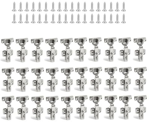 Youyijia 30Pcs Cabinet Hinges with 35 mm Screw 110 Degree Closing Hinge Cover Hinge Nickel-Plated for Kitchen Cabinet Wardrobe Door Bathroom