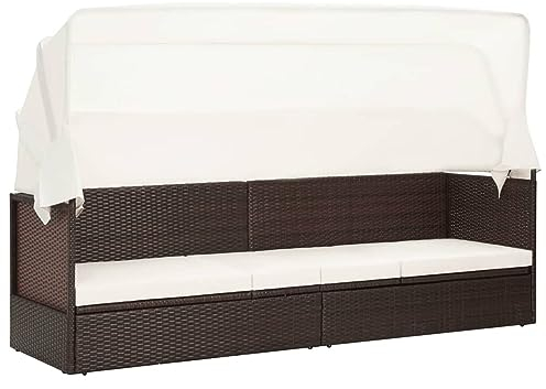 SECOLI Gartensofa 3 Sitzer mit Dach Sonnenliege Gartenliege Balkon Sofa Liegesofa Sofabett Gartenbett Rattansofa Loungesofa Gartenbank Rattan Balkonmöbel-Braun-Typ 1