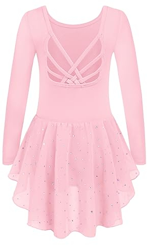 Arshiner Ballettkleidung Mädchen Kinder Baumwolle Tanzkleid Langarm Ballettkleid Rosa Ballett Trikot mit Tütü Ballerina Kleid 140/5-6 Jahre