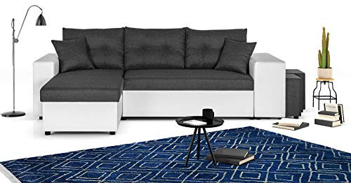 California - Ecksofa beidseitig montierbar - Schlaffunktion und Bettkasten und Aufbewahrungsregal - aus Kunstleder und Stoff Weiß/Grau