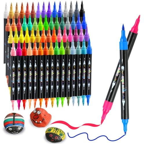 60 Colours Acrylic Paint Pens for Rock Painting Fabric Glass Stone Ceramic Wood Metal, Dual Tip Acrylic Markers Set for Easter Egg Pumpkins Christmas, Arts and Crafts for Adults and Kids
