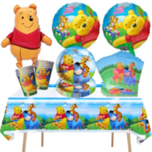 Winnie Vaisselle d'anniversaire pour enfants, décoration de fête avec ballons, assiettes en carton, serviettes, gobelets, nappes, ballons, accessoires de fête à thème Winnie