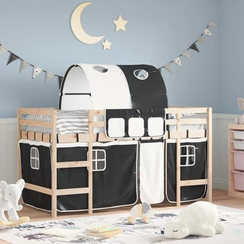 JUDYY kidhochbett mit Tunnel Weiß & Schwarz 80x200 cm Kiefernholz, Bett, Jugendbett, Schlafzimmer Bett, Bed Frame - 3206982