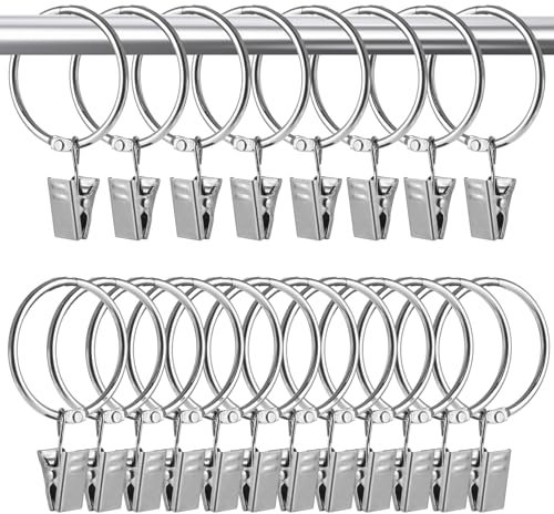 LDXDRU 60 Stück Metall Gardinenringe mit Clips 40 mm Silber Vorhangringe Mit Clips Diameter Vorhang Haken Hängend Ringe Gardinenhaken für Curtain Rod und Duschvorhang Hanging Ring