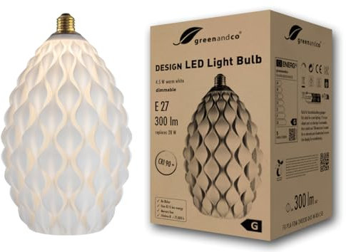 greenandco LED Design Lampe weiss | Blüte | dimmbar | E27 | 4,5W 300lm | 3000K warmweiß | CRI 90+ | flimmerfrei | 180° | 230V | nachhaltiges PLA | biologisch abbaubar | 170 * 283mm