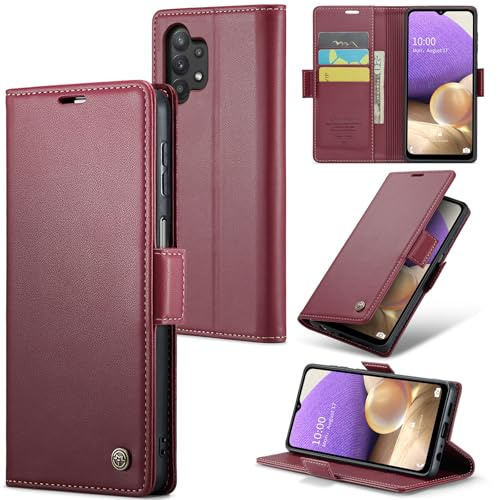 Rerzoiro Handyhülle für Samsung Galaxy A32 5G Hülle, Premium PU Lederhülle Klappbar Flip Case [RFID Blocker] Tasche Magnet Kartenfach Klapphülle Schutzhülle für Samsung Galaxy A32 5G, Rot