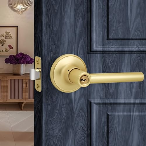 LOQRON Brushed Gold Round Style Door Handle with Lock and Key, Keyed Entry Reversible Door Lever for Office or Front Door, Satin Brass Finish