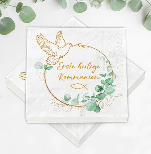 40 Stück Servietten Erstkommunion + 60 Holzfische Streudeko Set, Erste Heilige Kommunion Deko Junge Mädchen Eukalyptus Grün Gold, Kleine Erstkommunion Geschenke, Gastgeschenke, Kommunionsgeschenke