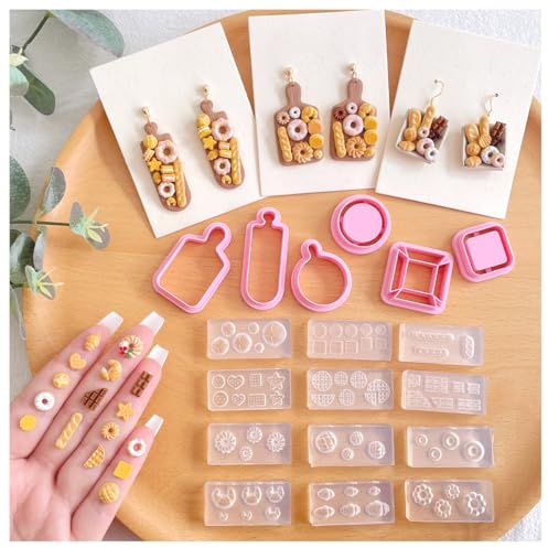 KEOKER Dessert & Bread Polymer Clay Molds & Charcuterie Boards Clay Cutters, Clay Silicone Molds, 6 Shapes Polymer Clay Cutters, 12pcs Earring Molds for Polymer Clay, Polymer Clay Molds for Jewelry