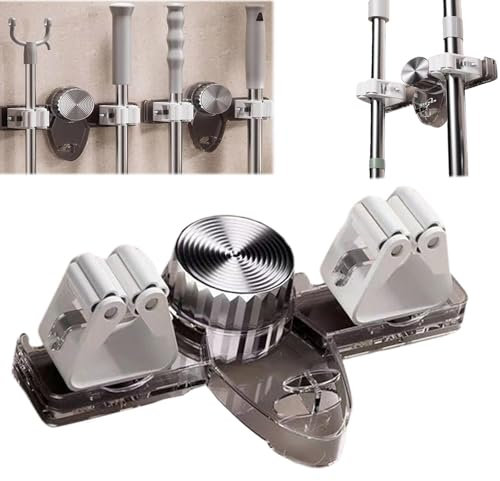 Broom Holder Mop Hanger, No punching required Broom Hanger Organizer, Suction Cup Aircraft Mop Clamp Broom Holder Wall Mount for Bathroom, Kitchen, Utility Room, Laundry Room Garage Storage (gray)