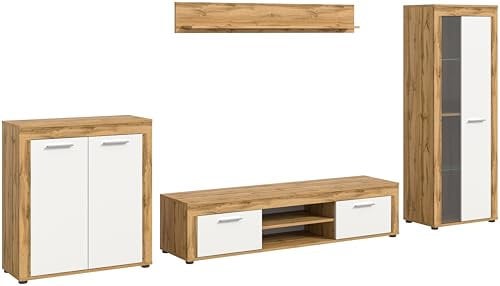 xonox.home Wohnzimmer Jam 4tlg. Set Wohnkombination Wohnwand Wohnzimmermöbel Wohnzimmerschrank Möbelkombination Wohnzimmerset in Front weiß Melamin, Korpus/Absetzung Wotan Eiche Nb. melamin