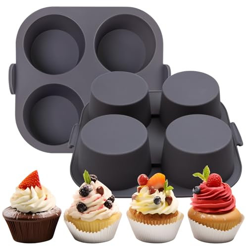 Butabeishy Silikon-Muffinform für Heißluftfritteuse, Antihaftbeschichtet Silikon Cupcake-Backform für Desserts, 4 Mulden, Grau