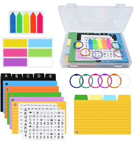 Celepoir A7 Karteikarten Box, 450 Stück Komplett Set mit 350 Karteikarten Bunt, 100 Pfeil-Index Karten, 5 A-E Register, 6 Metallringe, 6 Etikett & 3 Aufkleber, Praktisch für Notizen, Lernen & Büro