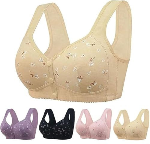 Front Fastening Bras for Women UK, Daisy Print Wireless Push Up Everyday Bras Comfort Support Bras Women Soft Breathable Underwear (UK, Numeric, 42, Regular, Regular, Beige)