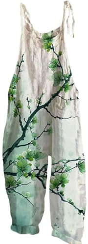 Generisch Salopette da donna, pantaloni estivi leggeri, in lino, con stampa floreale, per il tempo libero, pantaloni boho, pantaloni rilassanti, pantaloni da spiaggia, pantaloni plissettati, pantaloni