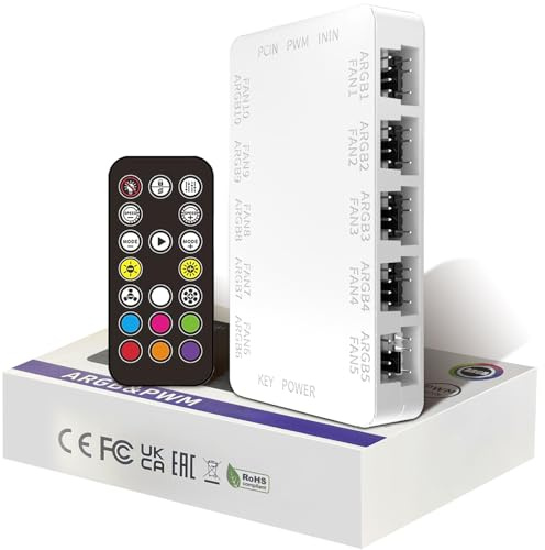 Oddtone ARGB- und PWM-Lüfter Hub-Controller, 10-fach Gehäuselüfter-Hub mit Controller, SATA-Stromanschluss, Magnetbasis – 5V-3-Pin-RGB-Verteiler für Gehäuselüfter