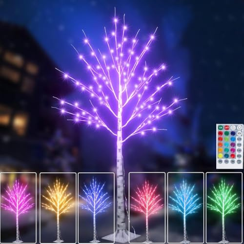 LOGT LED RGB Birke Lichterbaum mit Fernbedienung und Timer Künstlicher Weihnachtsbaum Leuchtbaum 8 Beleuchtungsmodi Baum Beleuchtung Indoor und Outdoor Deko Tannenbaumlampe,150cm