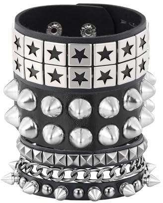 JJDreams Punk Lederarmband Schwarz Gothic Armreif mit Kette Rock Armband Set Biker Armband für Damen