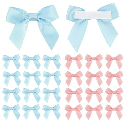 Lot de 60 petits nœuds adhésifs en satin de 2 cm de large - Couleurs mélangées - Pour emballage cadeau, dragées de mariage, décoration de gâteaux, fête de Noël - Fournitures d'artisanat (bleu + rose)
