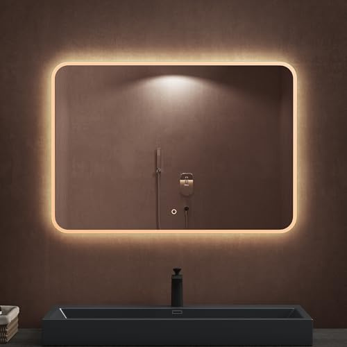 dopporo LED Badspiegel 100x70cm runden Ecken Wandspiegel Memory | Badzimmerspiegel mit Beleuchtung Spiegel mit Touch Schalter Antibeschlag Funktion Energiesparende Licht, LED-Spiegel-03
