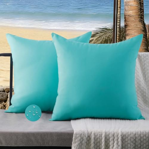 ViaElayu Outdoor Kissenbezug 50x50 Blaugrün Wetterfest Kissen Kissenhülle Sommer Frühling Wasserdicht Kissenbezüge Kissenhüllen Polster Garten Balkon Terrassen Lounge Außenbereich Couch Deko 2er Set