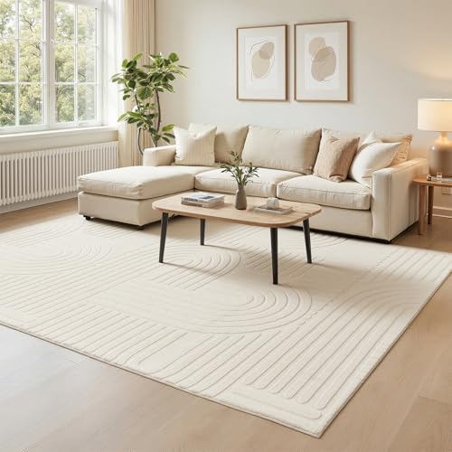 Topfinel Weiß Wohnzimmer Teppich 160x230 Wellen 3D-Effekt Waschbarer Kurzflor Modern Cream Teppiche Groß Weich Flauschiger Antirutsch Felloptik Teppich Kinderzimmer Schlafzimmer Esszimmer Büro