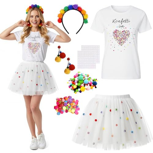 8 TLG Konfetti Kostüm Damen Set Karneval Kostüm Fasching Outfit mit Konfetti T-Shirt Tütu Rock mit Pompons Regenbogen Haarreif Ohrringen Tattoo Sticker DIY Accessoires Party Cosplay Halloween Fasching
