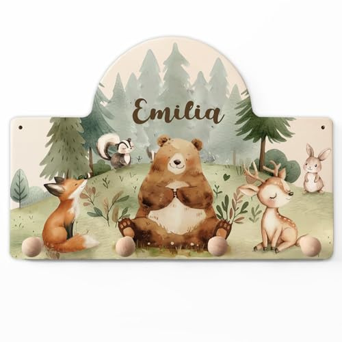 GRAVURZEILE Personalisierte Kindergarderobe - Wald - Personalisiert mit Name - Garderobe aus Holz mit 4 Kleiderhaken für Baby & Kleinkinderzimmer - Geschenk für Mädchen & Jungen
