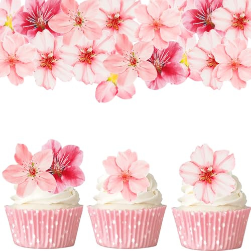 Gleevio 50 Stück Essbare Blumen für Torte,Kirschblüten Tortendeko Essbar Rosa,Essbare Blüten Tortendeko,Esspapier Blumen Kuchen Deko Geburtstag,Kirschblüten Cupcake Deko Essbar für Hochzeit,Mädchen