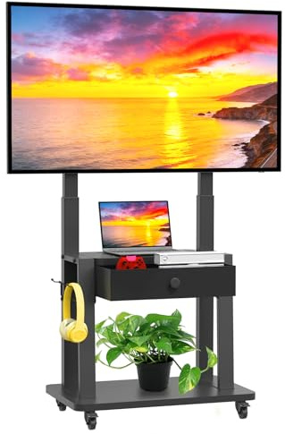Rolling TV Stand with Fabric Drawer for 32-75 Inch Flat/Curved Screen Adjustable Height LCD/LED/OLED with Storage Mobile TV Cart on Wheels up to 220lbs for Home Office Outdoor Max VESA 600x400mm Black