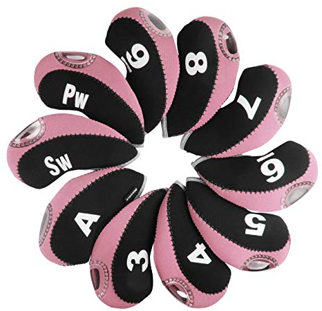 Andux Print Number Golf Iron Club Head Covers with Transparent Window 10pcs/Set Black/pink